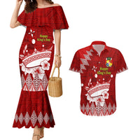 Personalised Tonga King Tupou I Day Couples Matching Mermaid Dress and Hawaiian Shirt Tongan Ngatu Pattern With Crown LT14 Red - Polynesian Pride