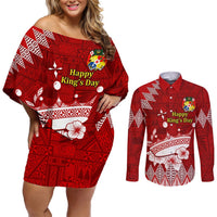 Personalised Tonga King Tupou I Day Couples Matching Off Shoulder Short Dress and Long Sleeve Button Shirt Tongan Ngatu Pattern With Crown LT14 Red - Polynesian Pride