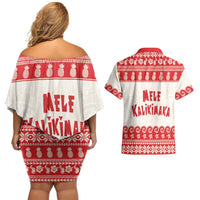Red Mele Kalikimaka Hawaii Couples Matching Off Shoulder Short Dress and Hawaiian Shirt Funny Ho Ho Ho Santa Shaka LT14 - Polynesian Pride