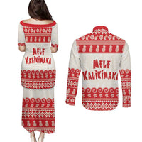 Red Mele Kalikimaka Hawaii Couples Matching Puletasi and Long Sleeve Button Shirt Funny Ho Ho Ho Santa Shaka - Polynesian Pride