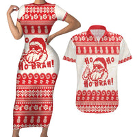 Red Mele Kalikimaka Hawaii Couples Matching Short Sleeve Bodycon Dress and Hawaiian Shirt Funny Ho Ho Ho Santa Shaka - Polynesian Pride