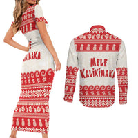 Red Mele Kalikimaka Hawaii Couples Matching Short Sleeve Bodycon Dress and Long Sleeve Button Shirt Funny Ho Ho Ho Santa Shaka LT14 - Polynesian Pride