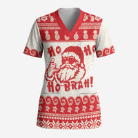 Red Mele Kalikimaka Hawaii Scrub Top Funny Ho Ho Ho Santa Shaka - Polynesian Pride