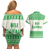 Green Mele Kalikimaka Hawaii Couples Matching Off Shoulder Short Dress and Hawaiian Shirt Funny Ho Ho Ho Santa Shaka LT14 - Polynesian Pride