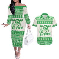 Green Mele Kalikimaka Hawaii Couples Matching Off The Shoulder Long Sleeve Dress and Hawaiian Shirt Funny Ho Ho Ho Santa Shaka LT14 Green - Polynesian Pride
