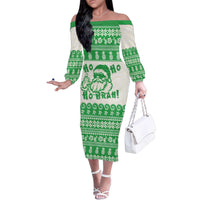 Green Mele Kalikimaka Hawaii Family Matching Off The Shoulder Long Sleeve Dress and Hawaiian Shirt Funny Ho Ho Ho Santa Shaka LT14 Mom's Dress Green - Polynesian Pride