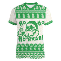 Green Mele Kalikimaka Hawaii Women V-Neck T-Shirt Funny Ho Ho Ho Santa Shaka LT14 Female Green - Polynesian Pride