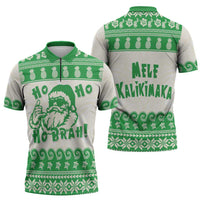 Green Mele Kalikimaka Hawaii Zipper Polo Shirt Funny Ho Ho Ho Santa Shaka - Polynesian Pride
