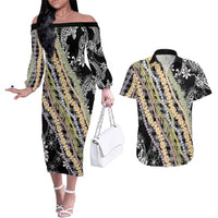 Black Palaka Hawaii Leis Couples Matching Off The Shoulder Long Sleeve Dress and Hawaiian Shirt Hawaiian-plaid Elegant Tropical Vibes LT14 Black - Polynesian Pride