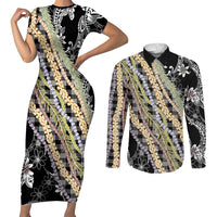 Black Palaka Hawaii Leis Couples Matching Short Sleeve Bodycon Dress and Long Sleeve Button Shirt Hawaiian-plaid Elegant Tropical Vibes - Polynesian Pride
