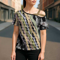 Black Palaka Hawaii Leis Cross Shoulder Shirt Hawaiian-plaid Elegant Tropical Vibes - Polynesian Pride