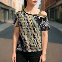 Black Palaka Hawaii Leis Cross Shoulder Shirt Hawaiian-plaid Elegant Tropical Vibes - Polynesian Pride