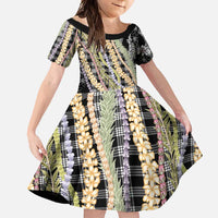 Black Palaka Hawaii Leis Family Matching Long Sleeve Bodycon Dress and Hawaiian Shirt Hawaiian-plaid Elegant Tropical Vibes LT14 Daughter's Dress Black - Polynesian Pride