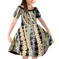Black Palaka Hawaii Leis Family Matching Off Shoulder Short Dress and Hawaiian Shirt Hawaiian-plaid Elegant Tropical Vibes LT14 Daughter's Dress Black - Polynesian Pride