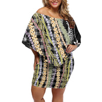 Black Palaka Hawaii Leis Family Matching Off Shoulder Short Dress and Hawaiian Shirt Hawaiian-plaid Elegant Tropical Vibes LT14 Mom's Dress Black - Polynesian Pride