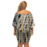 Black Palaka Hawaii Leis Family Matching Off Shoulder Short Dress and Hawaiian Shirt Hawaiian-plaid Elegant Tropical Vibes LT14 - Polynesian Pride