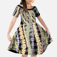 Black Palaka Hawaii Leis Family Matching Short Sleeve Bodycon Dress and Hawaiian Shirt Hawaiian-plaid Elegant Tropical Vibes LT14 Daughter's Dress Black - Polynesian Pride