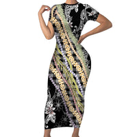 Black Palaka Hawaii Leis Family Matching Short Sleeve Bodycon Dress and Hawaiian Shirt Hawaiian-plaid Elegant Tropical Vibes LT14 Mom's Dress Black - Polynesian Pride