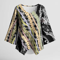 Black Palaka Hawaii Leis Kimono Sleeve Blouse Hawaiian-plaid Elegant Tropical Vibes - Polynesian Pride