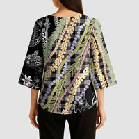 Black Palaka Hawaii Leis Kimono Sleeve Blouse Hawaiian-plaid Elegant Tropical Vibes - Polynesian Pride