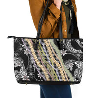 Black Palaka Hawaii Leis Leather Tote Bag Hawaiian-plaid Elegant Tropical Vibes - Polynesian Pride