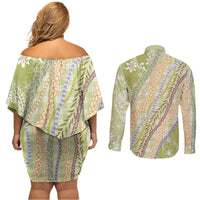 Green Palaka Hawaii Leis Couples Matching Off Shoulder Short Dress and Long Sleeve Button Shirt Hawaiian-plaid Elegant Tropical Vibes - Polynesian Pride