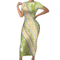 Green Palaka Hawaii Leis Short Sleeve Bodycon Dress Hawaiian-plaid Elegant Tropical Vibes - Polynesian Pride