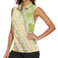 Green Palaka Hawaii Leis Women Sleeveless Polo Shirt Hawaiian-plaid Elegant Tropical Vibes - Polynesian Pride