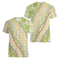 Green Palaka Hawaii Leis Women V-Neck T-Shirt Hawaiian-plaid Elegant Tropical Vibes - Polynesian Pride