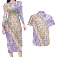Purple Palaka Hawaii Leis Couples Matching Long Sleeve Bodycon Dress and Hawaiian Shirt Hawaiian-plaid Elegant Tropical Vibes LT14 Purple - Polynesian Pride