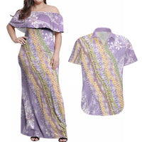 Purple Palaka Hawaii Leis Couples Matching Off Shoulder Maxi Dress and Hawaiian Shirt Hawaiian-plaid Elegant Tropical Vibes LT14 Purple - Polynesian Pride