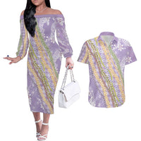 Purple Palaka Hawaii Leis Couples Matching Off The Shoulder Long Sleeve Dress and Hawaiian Shirt Hawaiian-plaid Elegant Tropical Vibes LT14 Purple - Polynesian Pride