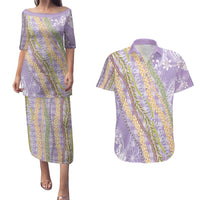 Purple Palaka Hawaii Leis Couples Matching Puletasi and Hawaiian Shirt Hawaiian-plaid Elegant Tropical Vibes - Polynesian Pride