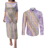 Purple Palaka Hawaii Leis Couples Matching Puletasi and Long Sleeve Button Shirt Hawaiian-plaid Elegant Tropical Vibes - Polynesian Pride