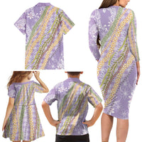 Purple Palaka Hawaii Leis Family Matching Long Sleeve Bodycon Dress and Hawaiian Shirt Hawaiian-plaid Elegant Tropical Vibes LT14 - Polynesian Pride