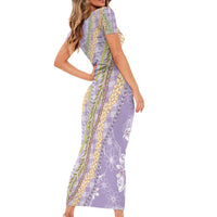 Purple Palaka Hawaii Leis Short Sleeve Bodycon Dress Hawaiian-plaid Elegant Tropical Vibes - Polynesian Pride