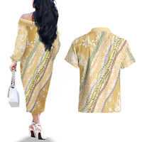Yellow Palaka Hawaii Leis Couples Matching Off The Shoulder Long Sleeve Dress and Hawaiian Shirt Hawaiian-plaid Elegant Tropical Vibes LT14 - Polynesian Pride