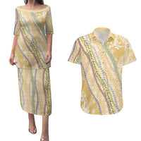 Yellow Palaka Hawaii Leis Couples Matching Puletasi and Hawaiian Shirt Hawaiian-plaid Elegant Tropical Vibes - Polynesian Pride