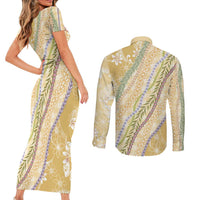 Yellow Palaka Hawaii Leis Couples Matching Short Sleeve Bodycon Dress and Long Sleeve Button Shirt Hawaiian-plaid Elegant Tropical Vibes LT14 - Polynesian Pride