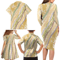 Yellow Palaka Hawaii Leis Family Matching Long Sleeve Bodycon Dress and Hawaiian Shirt Hawaiian-plaid Elegant Tropical Vibes LT14 - Polynesian Pride