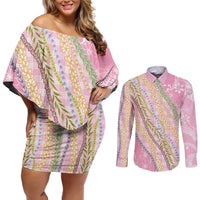 Pink Palaka Hawaii Leis Couples Matching Off Shoulder Short Dress and Long Sleeve Button Shirt Hawaiian-plaid Elegant Tropical Vibes - Polynesian Pride