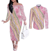 Pink Palaka Hawaii Leis Couples Matching Off The Shoulder Long Sleeve Dress and Long Sleeve Button Shirt Hawaiian-plaid Elegant Tropical Vibes LT14 Pink - Polynesian Pride