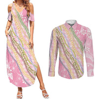 Pink Palaka Hawaii Leis Couples Matching Summer Maxi Dress and Long Sleeve Button Shirt Hawaiian-plaid Elegant Tropical Vibes - Polynesian Pride