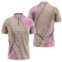 Pink Palaka Hawaii Leis Zipper Polo Shirt Hawaiian-plaid Elegant Tropical Vibes - Polynesian Pride