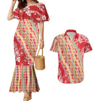 Red Palaka Hawaii Leis Couples Matching Mermaid Dress and Hawaiian Shirt Hawaiian-plaid Elegant Tropical Vibes - Polynesian Pride