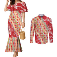 Red Palaka Hawaii Leis Couples Matching Mermaid Dress and Long Sleeve Button Shirt Hawaiian-plaid Elegant Tropical Vibes - Polynesian Pride