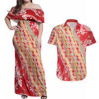 Red Palaka Hawaii Leis Couples Matching Off Shoulder Maxi Dress and Hawaiian Shirt Hawaiian-plaid Elegant Tropical Vibes - Polynesian Pride