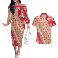 Red Palaka Hawaii Leis Couples Matching Off The Shoulder Long Sleeve Dress and Hawaiian Shirt Hawaiian-plaid Elegant Tropical Vibes LT14 Red - Polynesian Pride