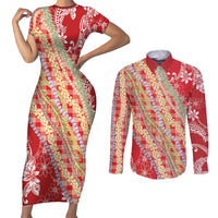 Red Palaka Hawaii Leis Couples Matching Short Sleeve Bodycon Dress and Long Sleeve Button Shirt Hawaiian-plaid Elegant Tropical Vibes - Polynesian Pride
