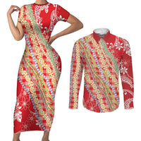 Red Palaka Hawaii Leis Couples Matching Short Sleeve Bodycon Dress and Long Sleeve Button Shirt Hawaiian-plaid Elegant Tropical Vibes - Polynesian Pride
